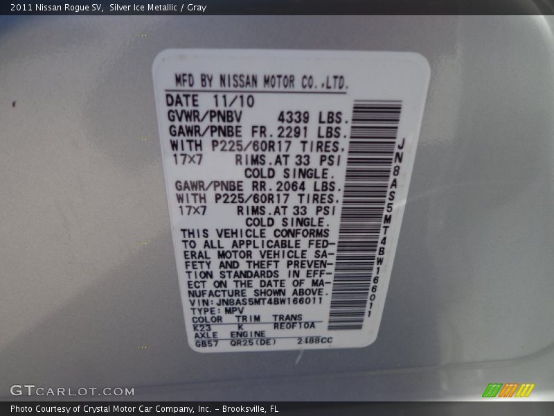 2011 Rogue SV Silver Ice Metallic Color Code K23