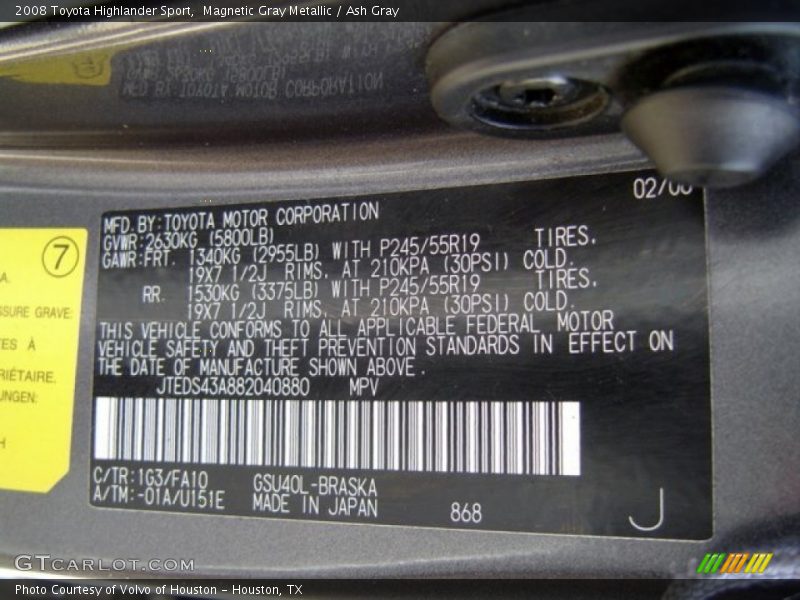 2008 Highlander Sport Magnetic Gray Metallic Color Code 1G3