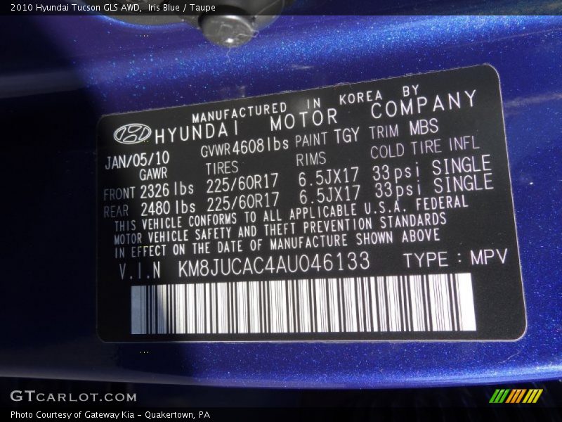 Iris Blue / Taupe 2010 Hyundai Tucson GLS AWD