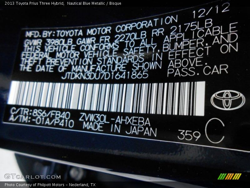 2013 Prius Three Hybrid Nautical Blue Metallic Color Code 8S6