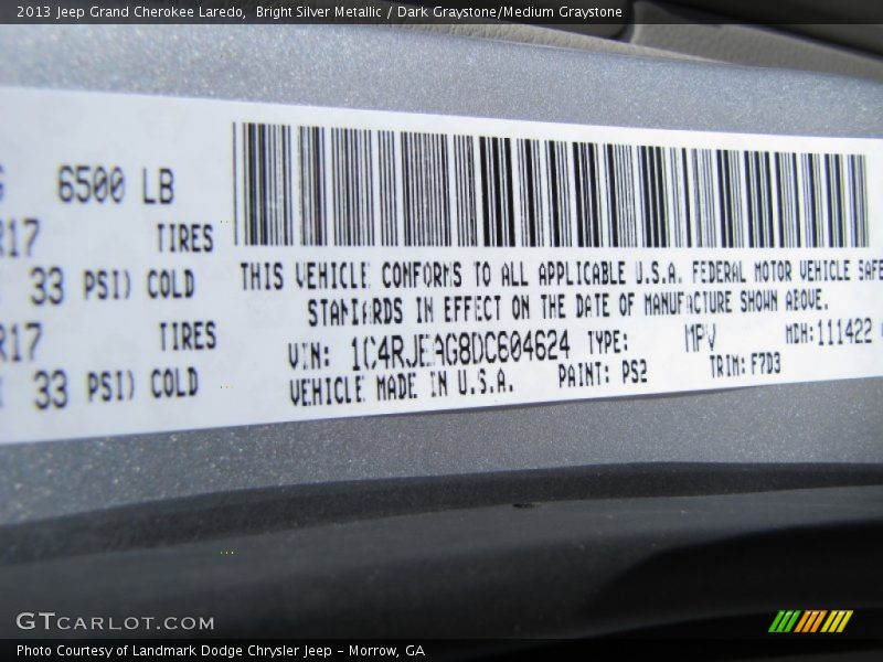 Bright Silver Metallic / Dark Graystone/Medium Graystone 2013 Jeep Grand Cherokee Laredo