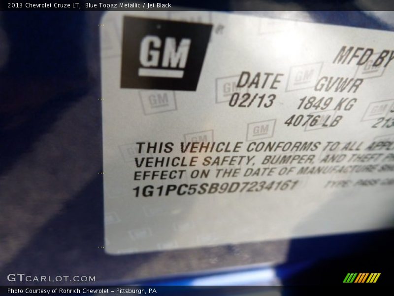 Blue Topaz Metallic / Jet Black 2013 Chevrolet Cruze LT