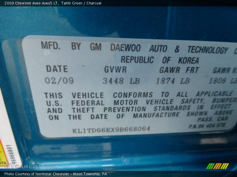 Info Tag of 2009 Aveo Aveo5 LT