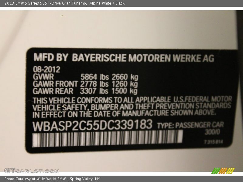 2013 5 Series 535i xDrive Gran Turismo Alpine White Color Code 300