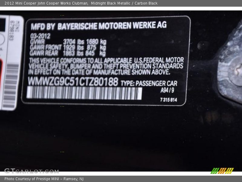 2012 Cooper John Cooper Works Clubman Midnight Black Metallic Color Code A94