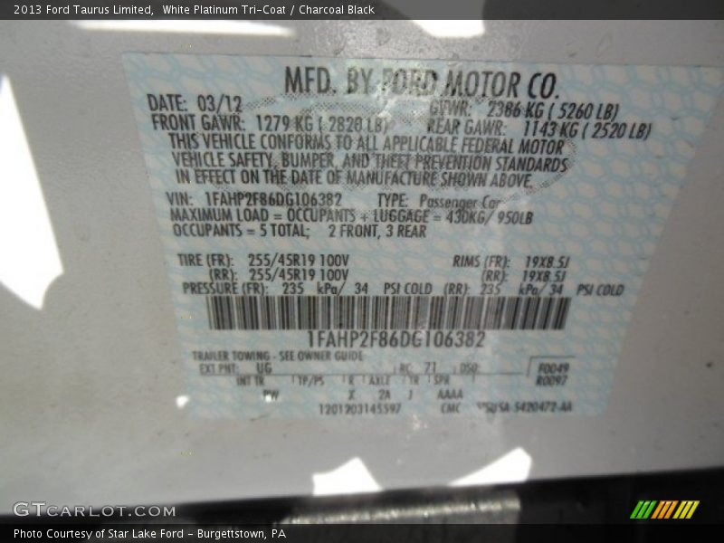 White Platinum Tri-Coat / Charcoal Black 2013 Ford Taurus Limited