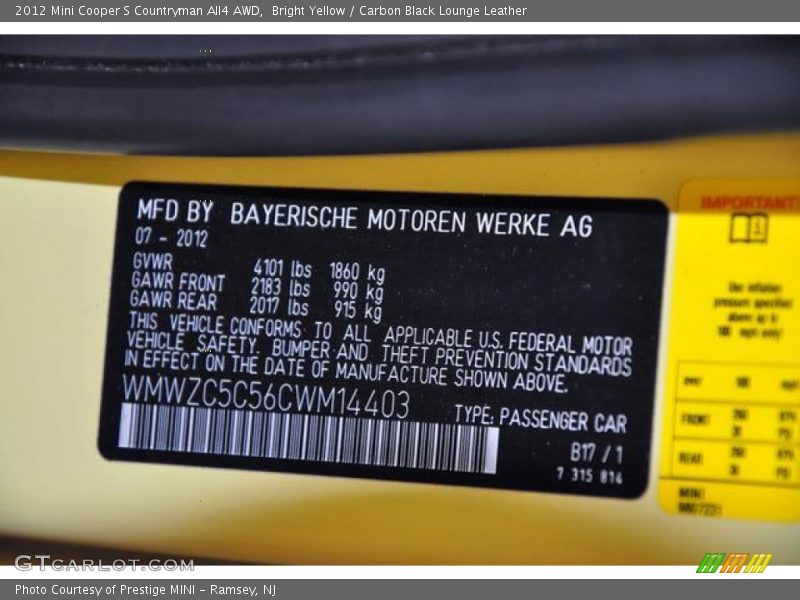 2012 Cooper S Countryman All4 AWD Bright Yellow Color Code B17