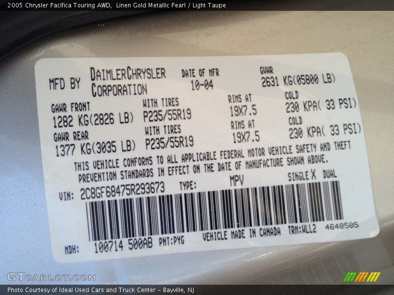 2005 Pacifica Touring AWD Linen Gold Metallic Pearl Color Code PYG