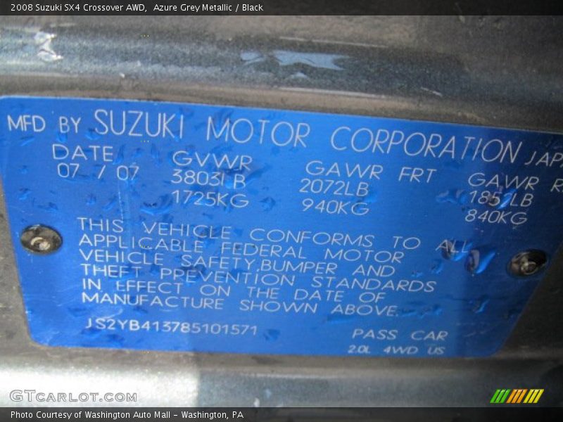 Azure Grey Metallic / Black 2008 Suzuki SX4 Crossover AWD