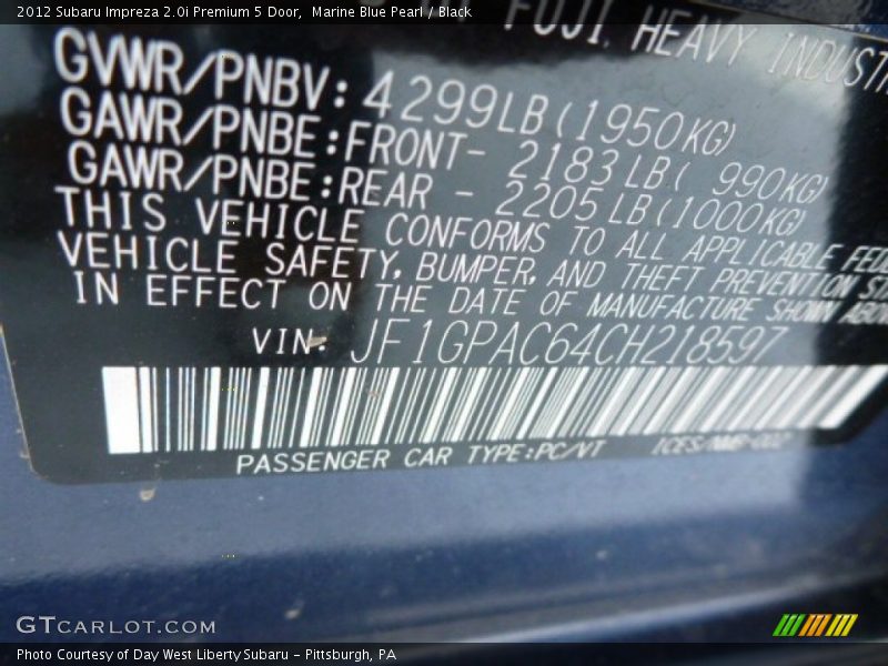 Marine Blue Pearl / Black 2012 Subaru Impreza 2.0i Premium 5 Door