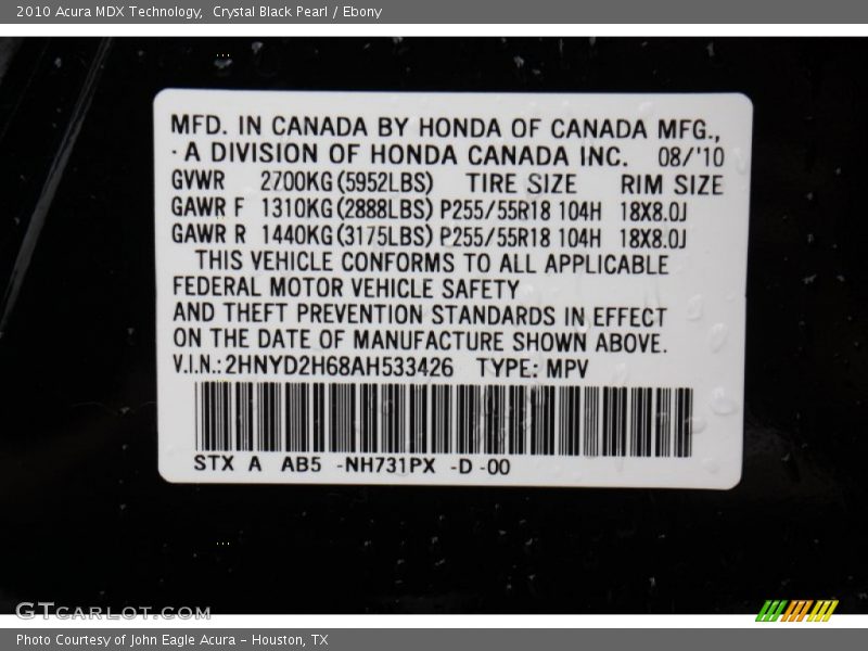 Crystal Black Pearl / Ebony 2010 Acura MDX Technology