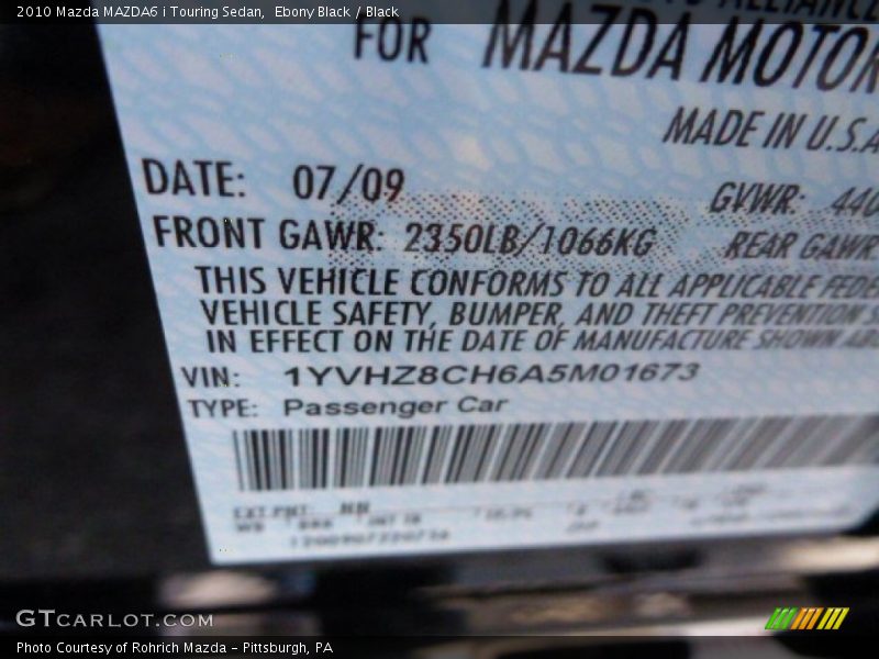 Ebony Black / Black 2010 Mazda MAZDA6 i Touring Sedan