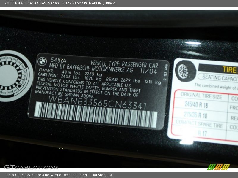 Black Sapphire Metallic / Black 2005 BMW 5 Series 545i Sedan