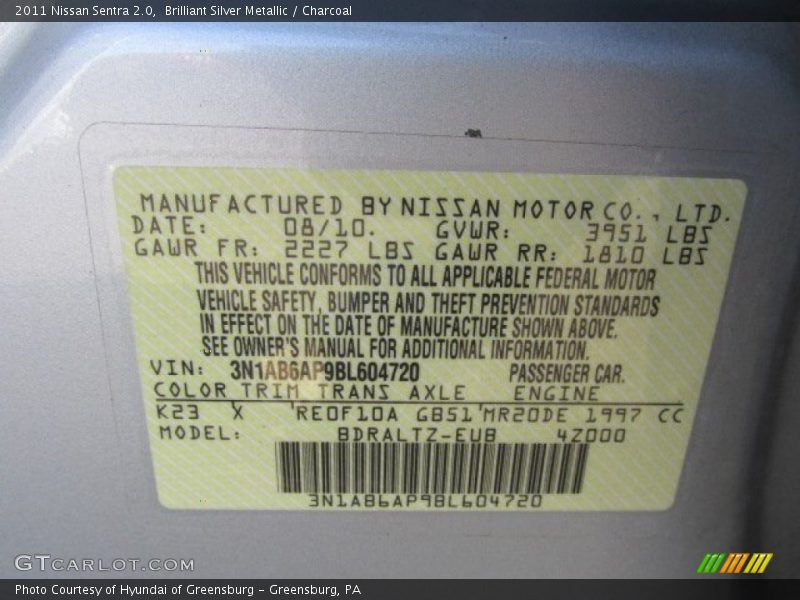2011 Sentra 2.0 Brilliant Silver Metallic Color Code K23