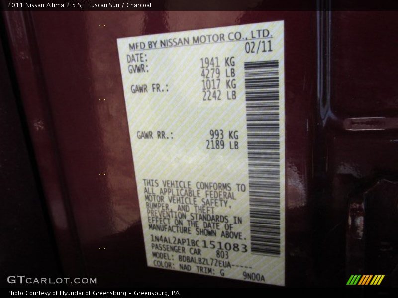 2011 Altima 2.5 S Tuscan Sun Color Code NAD