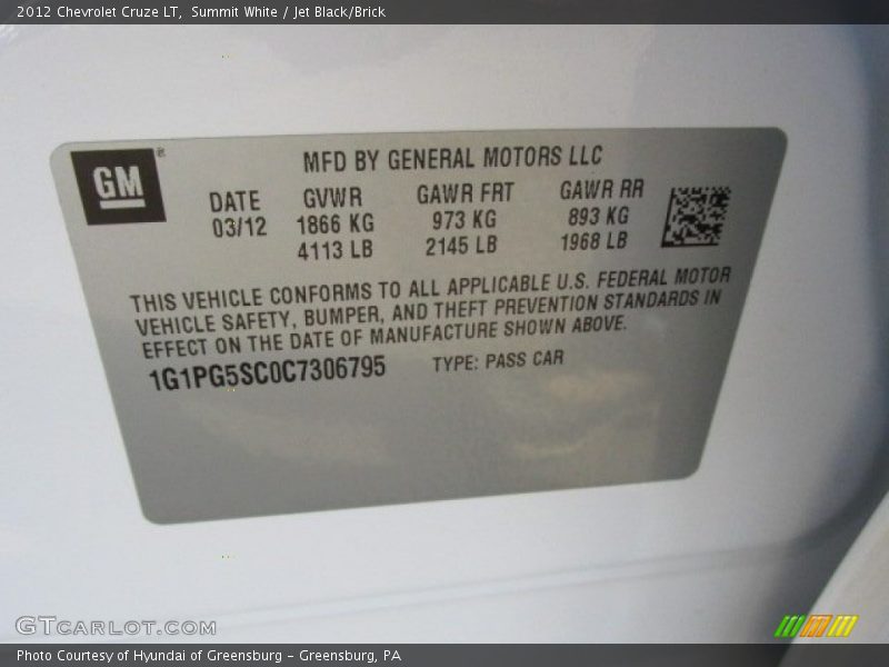Summit White / Jet Black/Brick 2012 Chevrolet Cruze LT