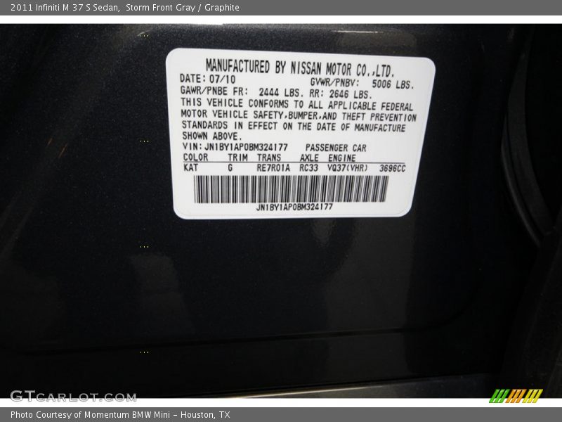 2011 M 37 S Sedan Storm Front Gray Color Code KAT