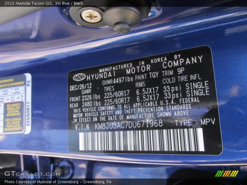 Iris Blue / Black 2013 Hyundai Tucson GLS