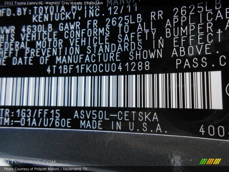 Magnetic Gray Metallic / Black/Ash 2012 Toyota Camry SE
