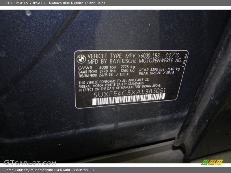 Monaco Blue Metallic / Sand Beige 2010 BMW X5 xDrive30i