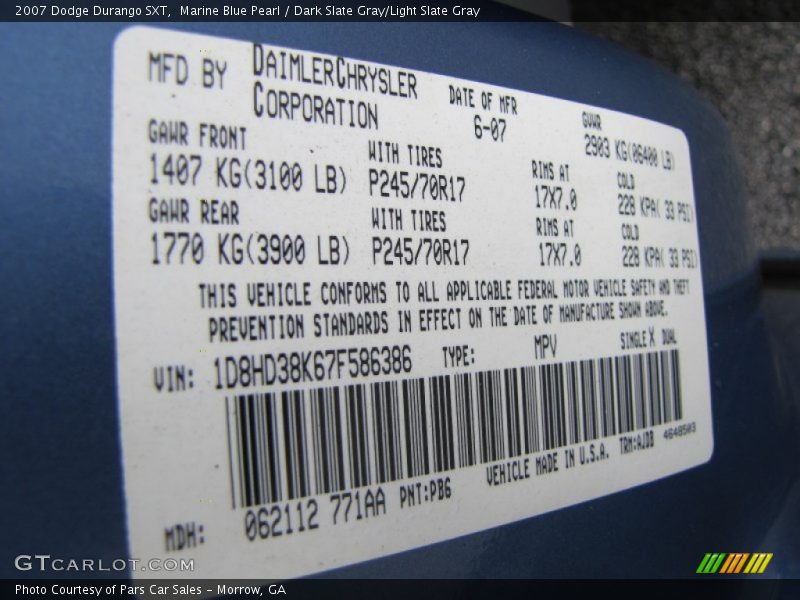 2007 Durango SXT Marine Blue Pearl Color Code PB6