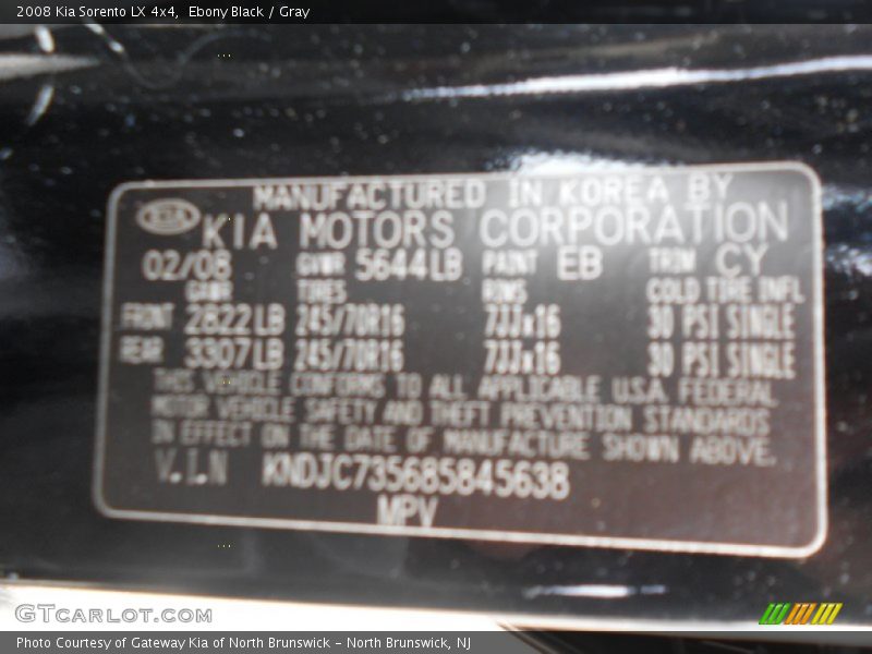 2008 Sorento LX 4x4 Ebony Black Color Code EB