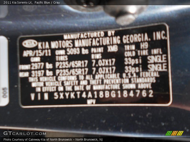 Pacific Blue / Gray 2011 Kia Sorento LX