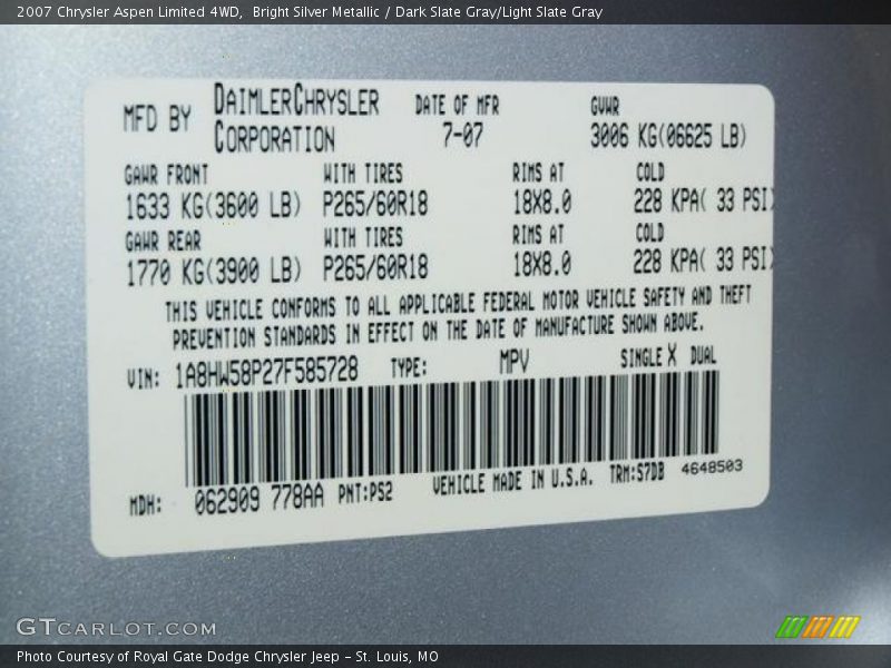 Bright Silver Metallic / Dark Slate Gray/Light Slate Gray 2007 Chrysler Aspen Limited 4WD