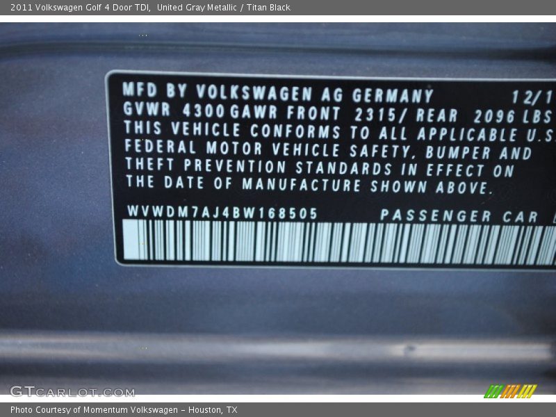 United Gray Metallic / Titan Black 2011 Volkswagen Golf 4 Door TDI