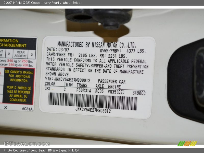 2007 G 35 Coupe Ivory Pearl Color Code QX1