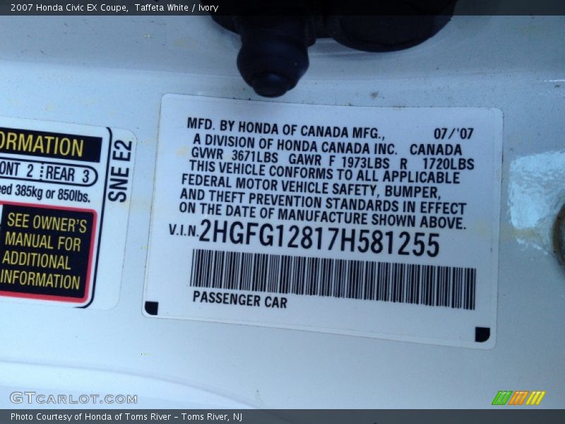 Taffeta White / Ivory 2007 Honda Civic EX Coupe