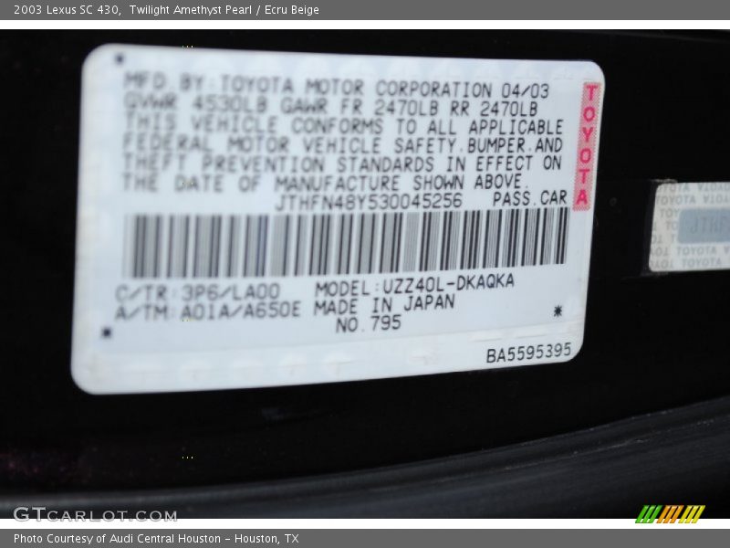 2003 SC 430 Twilight Amethyst Pearl Color Code 3P6