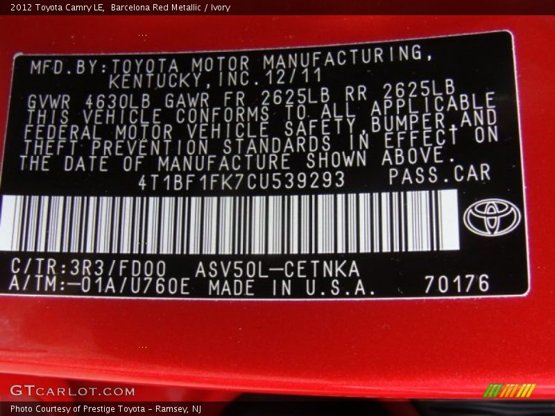 Barcelona Red Metallic / Ivory 2012 Toyota Camry LE
