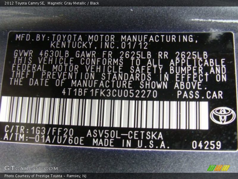 Magnetic Gray Metallic / Black 2012 Toyota Camry SE
