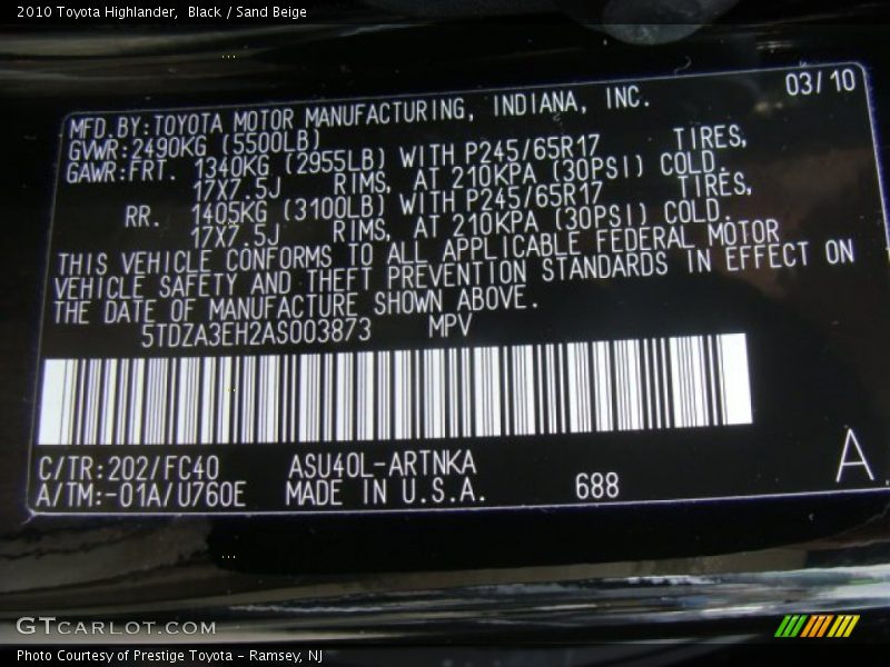 Black / Sand Beige 2010 Toyota Highlander