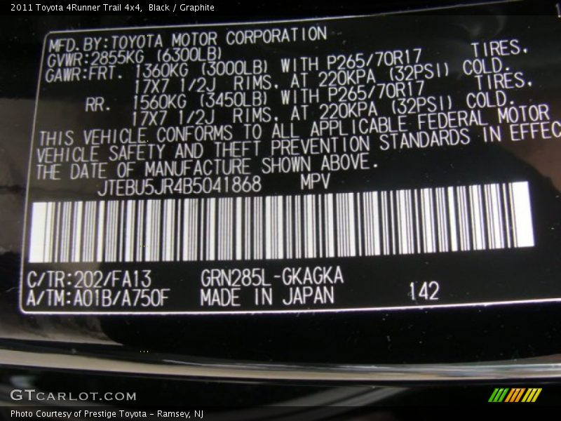 Black / Graphite 2011 Toyota 4Runner Trail 4x4