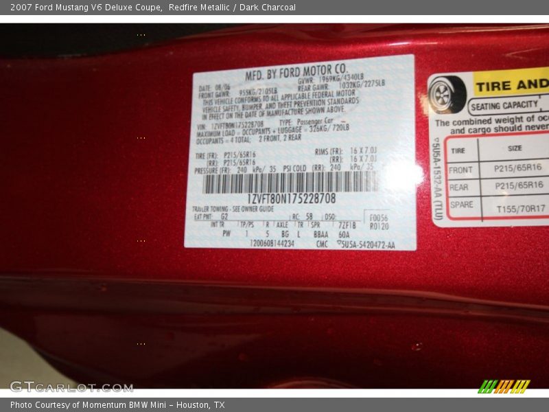 Redfire Metallic / Dark Charcoal 2007 Ford Mustang V6 Deluxe Coupe