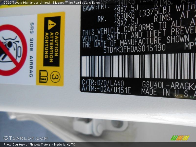 Blizzard White Pearl / Sand Beige 2010 Toyota Highlander Limited