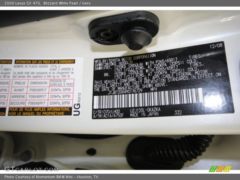 2009 GX 470 Blizzard White Pearl Color Code 070