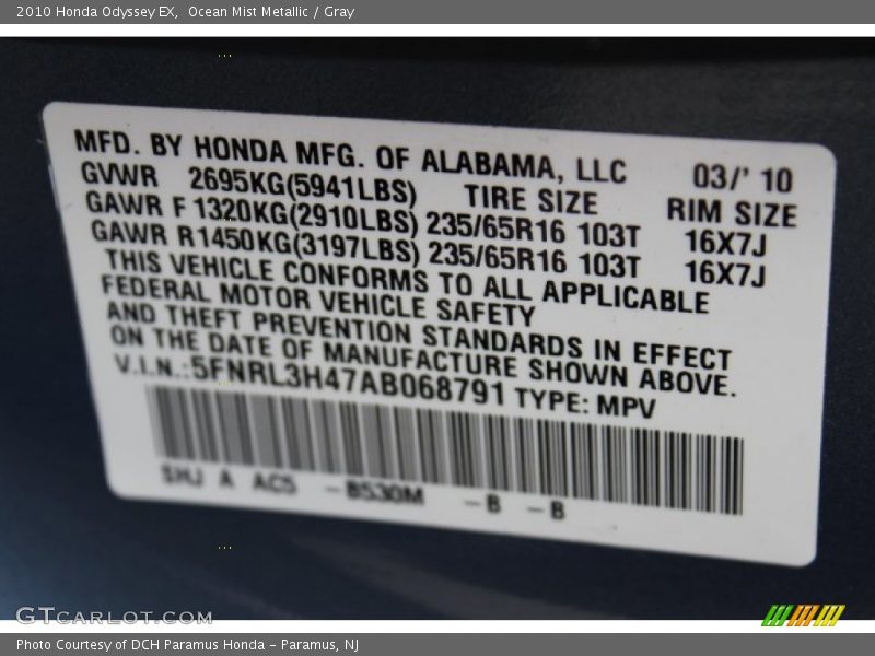 Ocean Mist Metallic / Gray 2010 Honda Odyssey EX