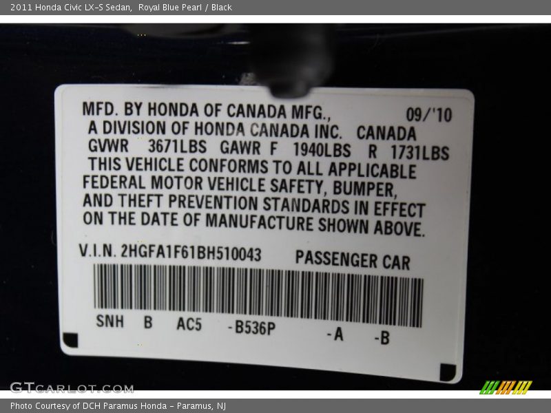 2011 Civic LX-S Sedan Royal Blue Pearl Color Code B536P