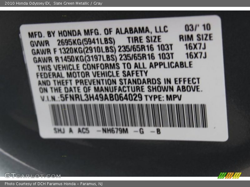 Slate Green Metallic / Gray 2010 Honda Odyssey EX