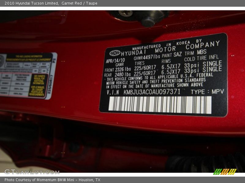 2010 Tucson Limited Garnet Red Color Code SAZ