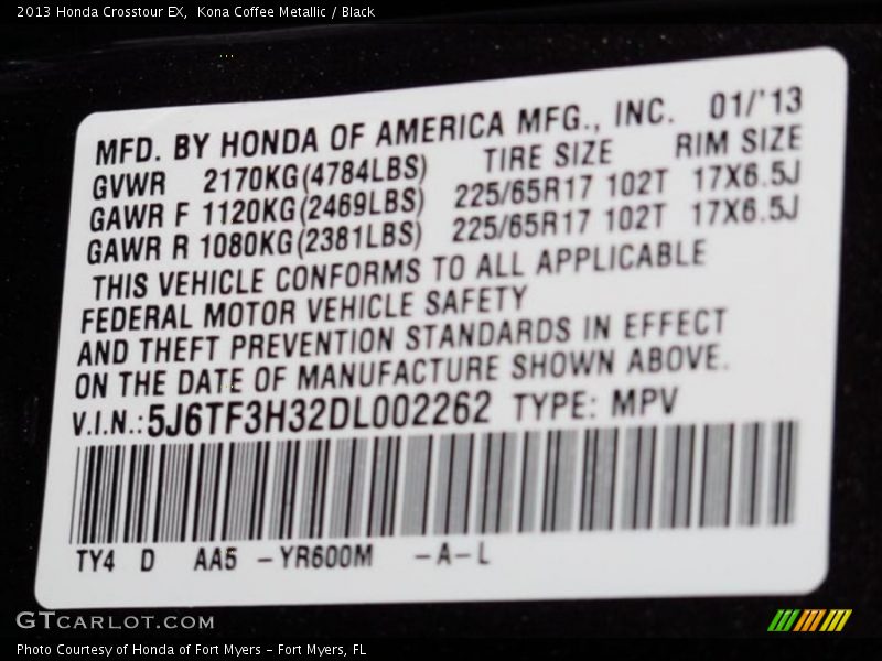 Kona Coffee Metallic / Black 2013 Honda Crosstour EX