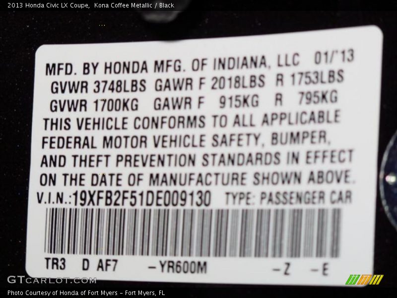 2013 Civic LX Coupe Kona Coffee Metallic Color Code YR600M