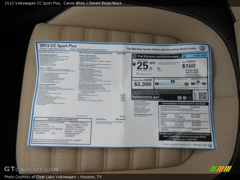  2013 CC Sport Plus Window Sticker