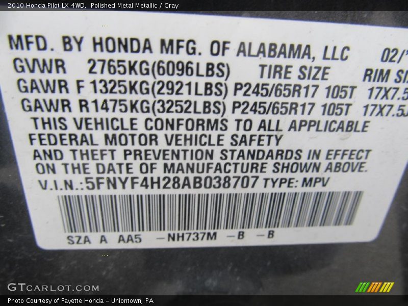 Polished Metal Metallic / Gray 2010 Honda Pilot LX 4WD