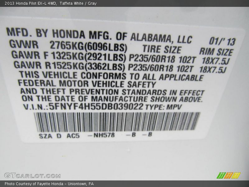 Taffeta White / Gray 2013 Honda Pilot EX-L 4WD