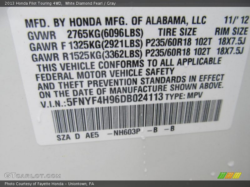 White Diamond Pearl / Gray 2013 Honda Pilot Touring 4WD