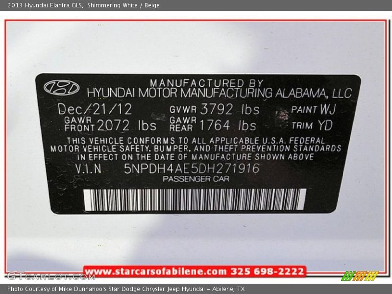 Shimmering White / Beige 2013 Hyundai Elantra GLS
